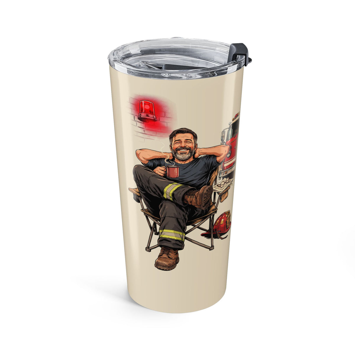 Personalized Retired Firefighter 20oz Gift Tumbler — Retro Fire Truck & Helmet Insulated Travel Mug