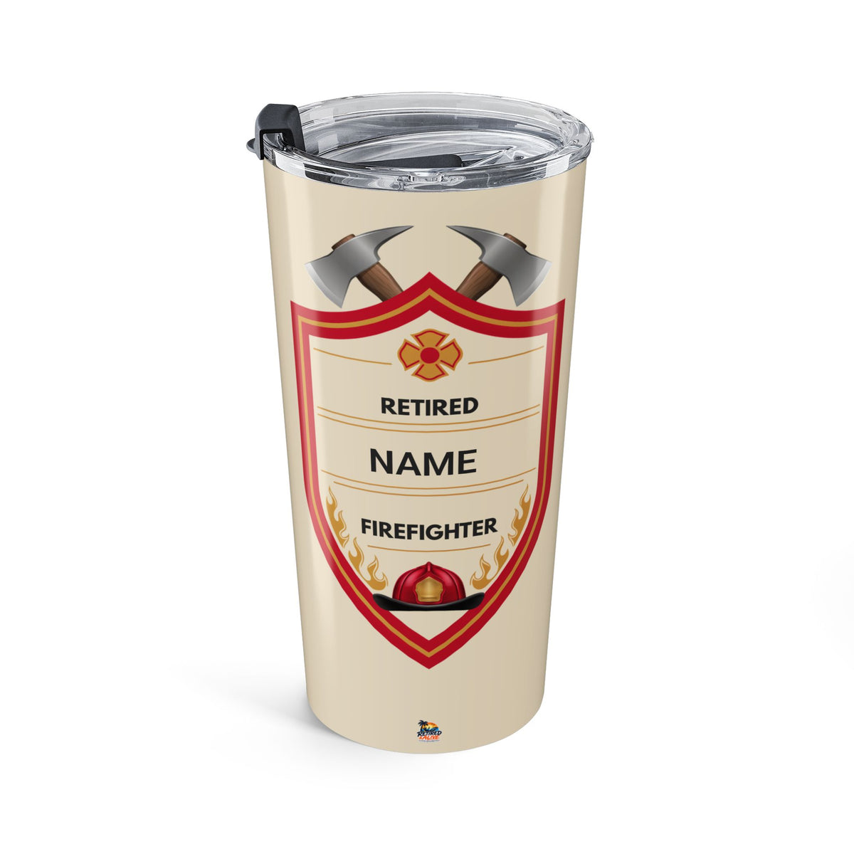 Personalized Retired Firefighter 20oz Gift Tumbler — Retro Fire Truck & Helmet Insulated Travel Mug